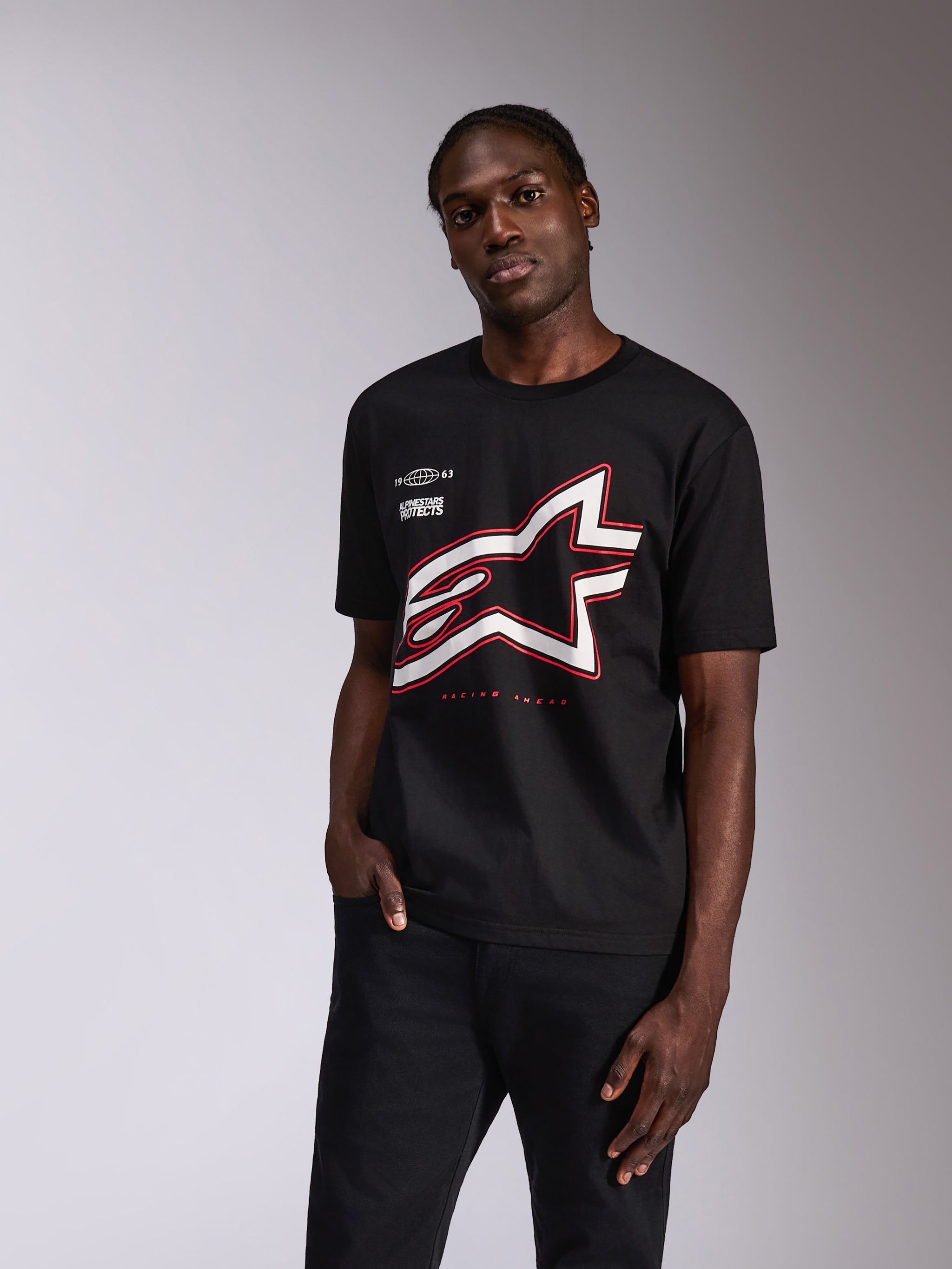 Alpinestars Authority CSF Tee, Short Sleeve T-Shirt, Black, Large White and Red Outlined Astars Logo, Casual Motorsport Streetwear