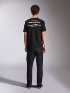 Alpinestars Lanes CSF Tee, Short Sleeve T-Shirt, Black, Back View with White Alpinestars Logo and Red and Yellow Stripes, Casual Motorsport Streetwear