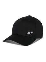 Alpinestars Pivot Hat, Black Sportswear Hat, featuring a curved bill and structured crown, small white Astars logo patch on the side, casual motorsport-inspired design