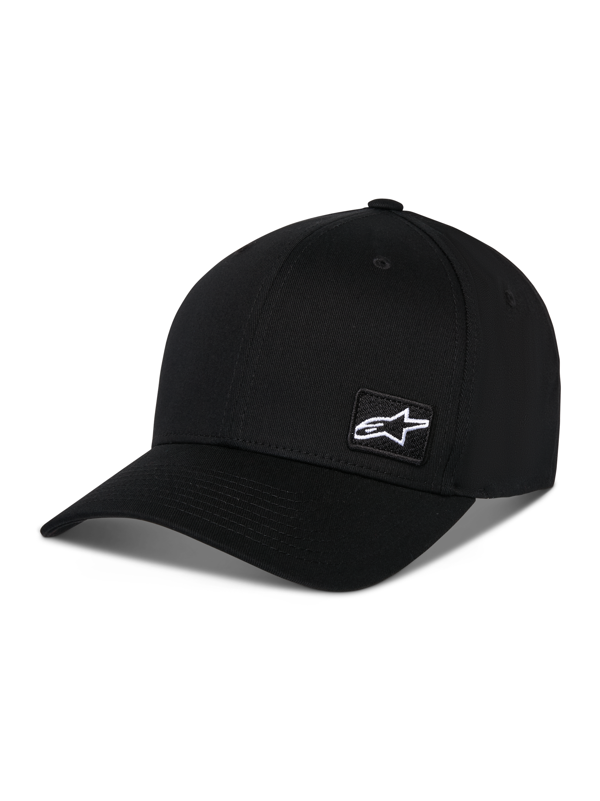 Alpinestars Pivot Hat, Black Sportswear Hat, featuring a curved bill and structured crown, small white Astars logo patch on the side, casual motorsport-inspired design