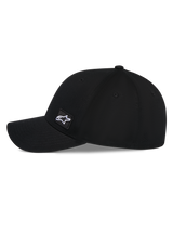 Alpinestars Pivot Hat, Black Baseball Cap, side profile view featuring a curved bill and structured crown, small embroidered square Astars logo patch on the side, casual motorsport-inspired headwear