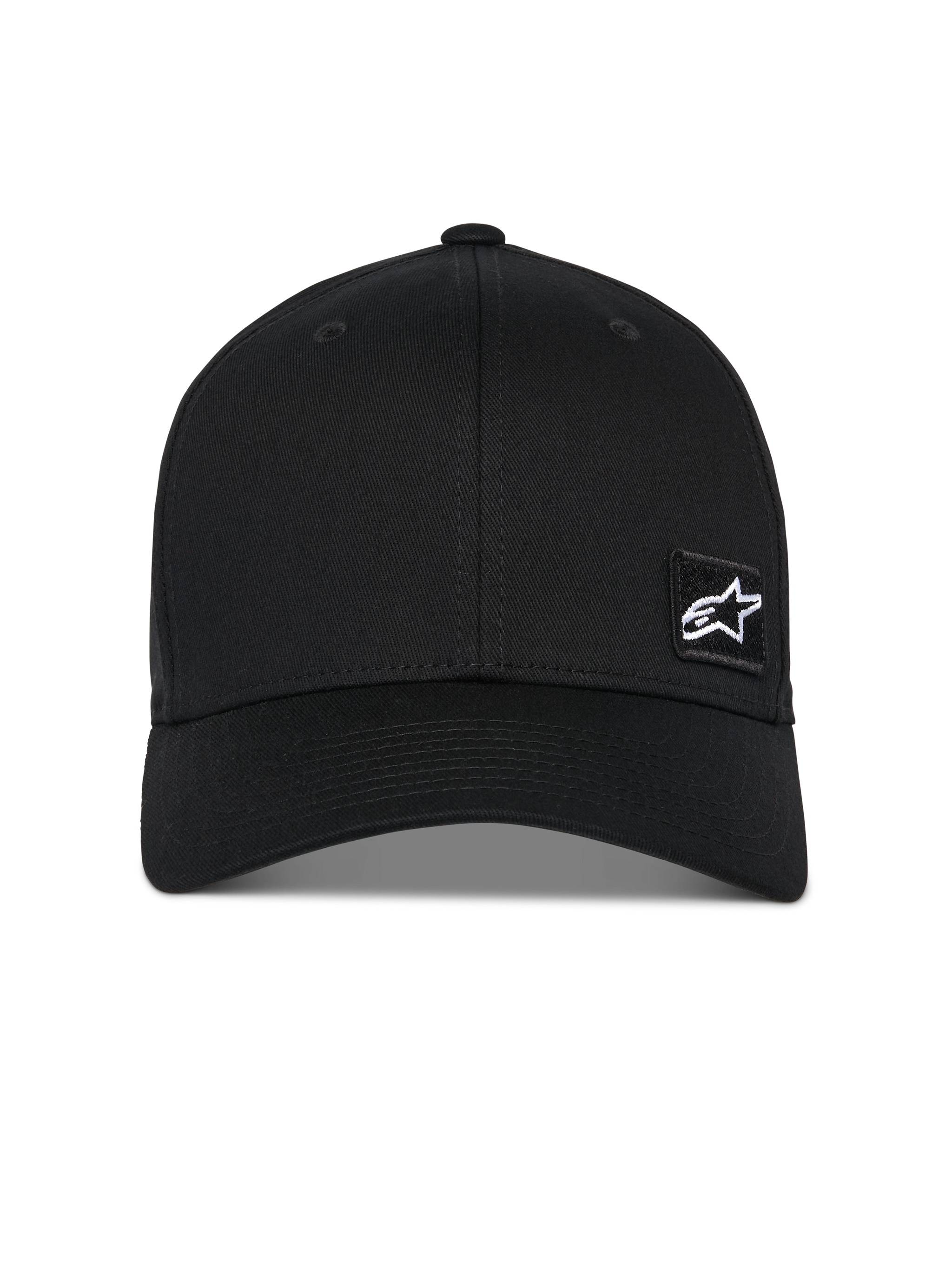 Alpinestars Pivot Hat, Black Baseball Cap, curved bill with structured crown, small white Astars star logo on a black embroidered patch, casual motorsport-inspired sportswear