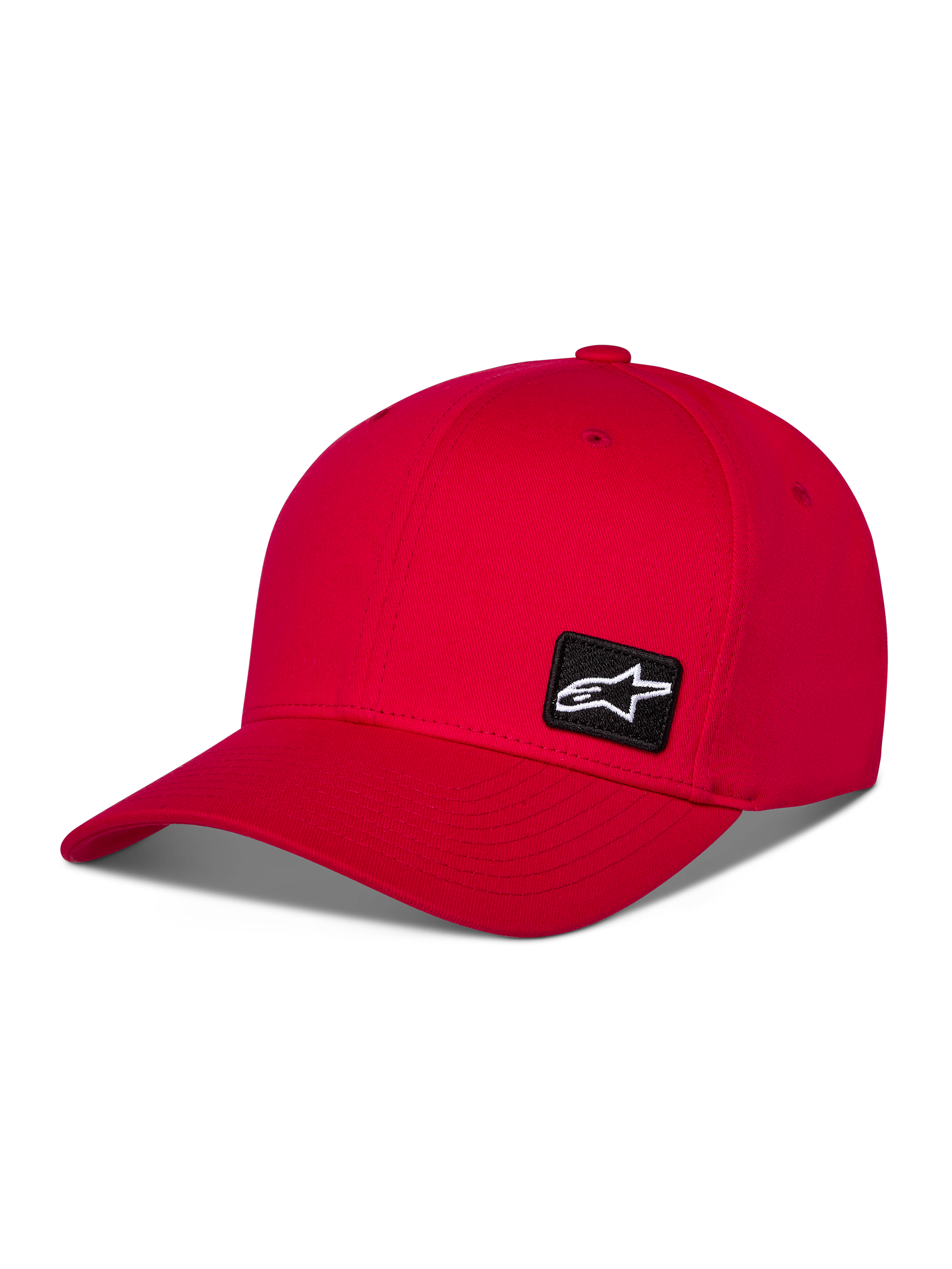 Alpinestars Pivot Hat, Red Sportswear Baseball Cap, curved bill with structured crown, featuring a small black Astars logo embroidery patch on the side, casual motorsport design