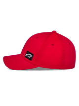 Alpinestars Pivot Hat, Red Sportswear Hat, side profile showing curved bill and structured crown, small black embroidered Astars logo patch, durable twill fabric, casual motorsport design