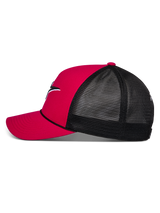 Alpinestars Ageless Shadow Trucker Hat, side profile view, Red front panel and curved bill with Black mesh back, structured crown with black rope detail, casual motorsport-inspired headwear
