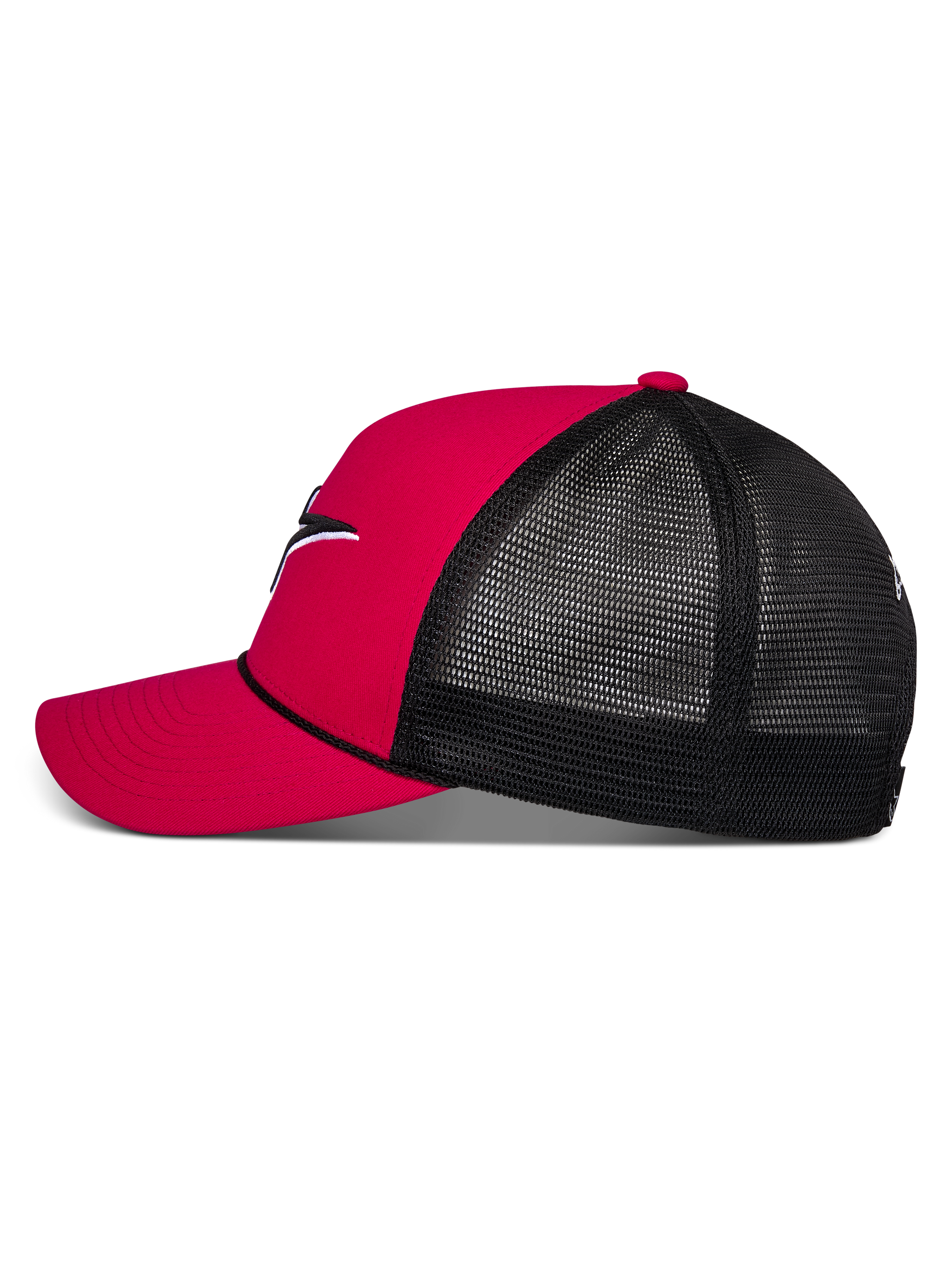 Alpinestars Ageless Shadow Trucker Hat, side profile view, Red front panel and curved bill with Black mesh back, structured crown with black rope detail, casual motorsport-inspired headwear
