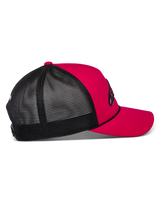 Alpinestars Ageless Shadow Trucker Hat, Red and Black, profile view showing red twill front with curved bill and black polyester mesh back panels, structured crown, casual motorsport headwear