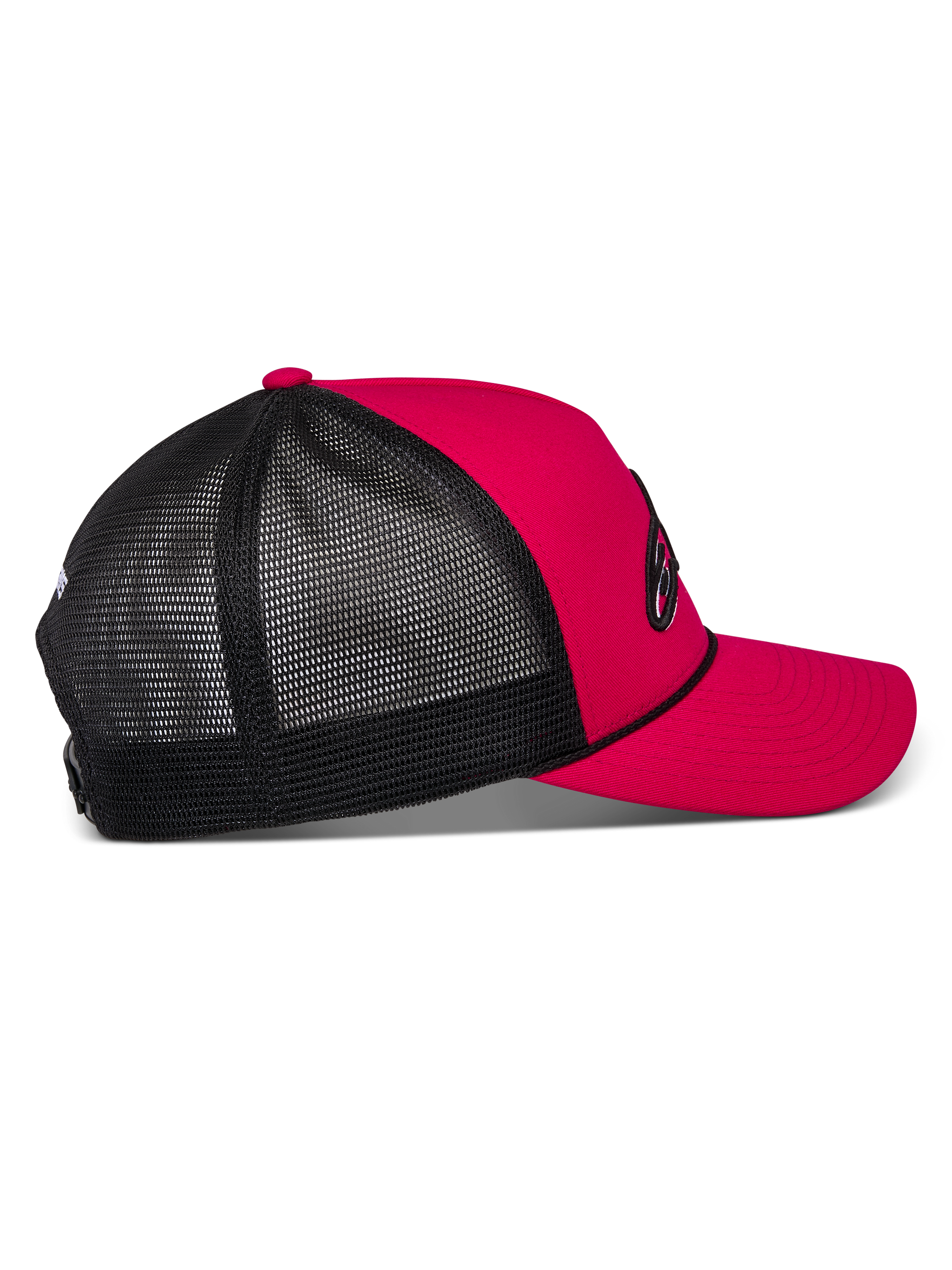 Alpinestars Ageless Shadow Trucker Hat, Red and Black, profile view showing red twill front with curved bill and black polyester mesh back panels, structured crown, casual motorsport headwear