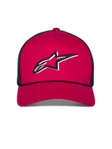 Alpinestars Ageless Shadow Trucker Hat, Red and Black, featuring a curved bill and structured crown, poly mesh back, and 3D embroidered Astars logo, casual sportswear