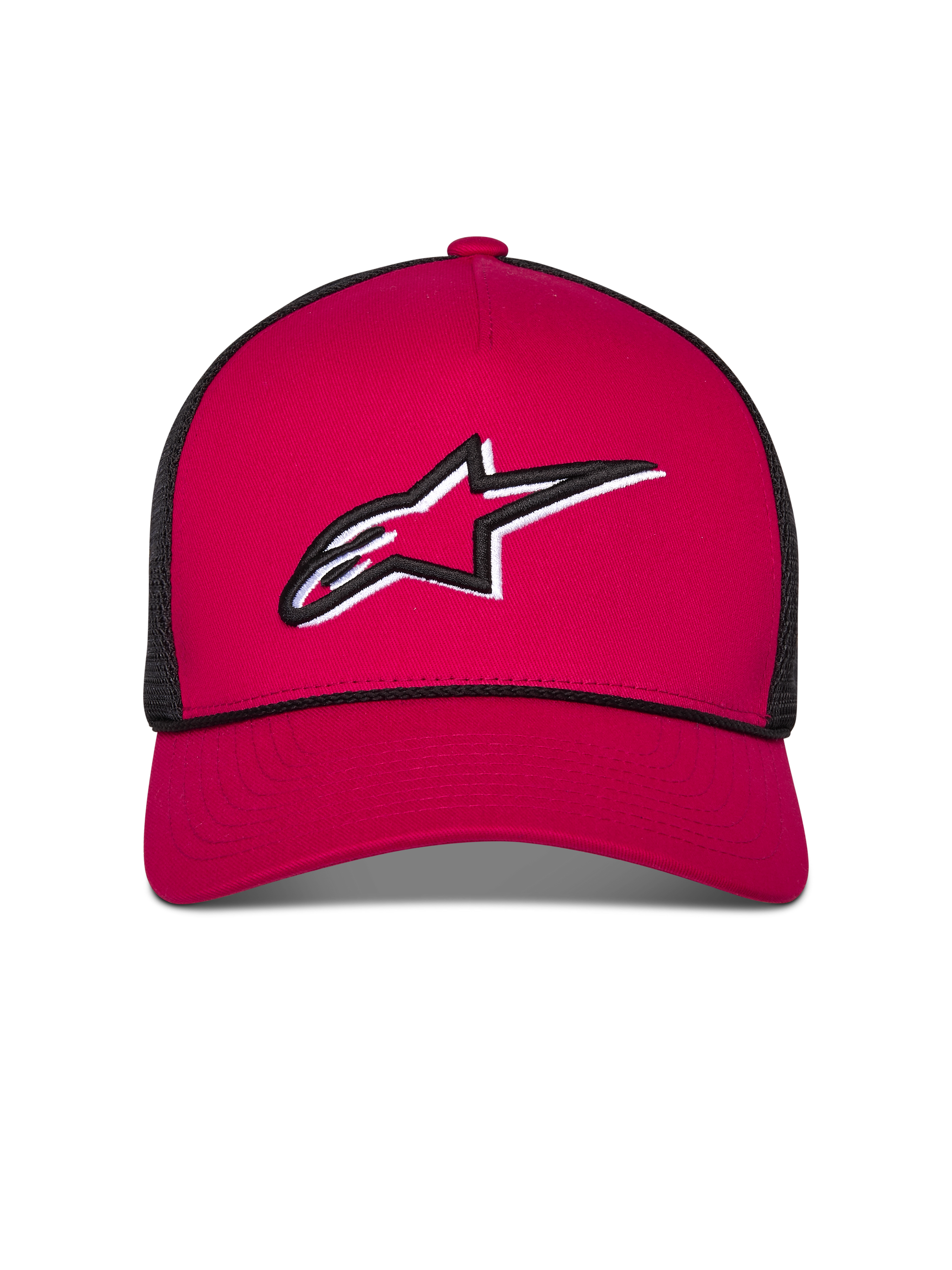 Alpinestars Ageless Shadow Trucker Hat, Red and Black, featuring a curved bill and structured crown, poly mesh back, and 3D embroidered Astars logo, casual sportswear