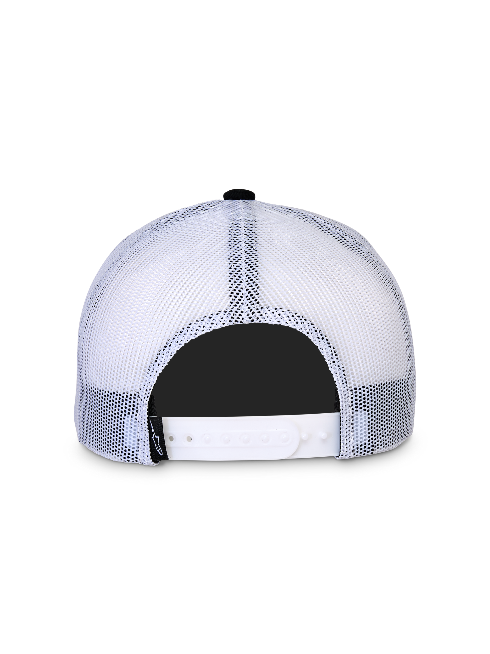 Alpinestars Component Trucker Hat, Rear View, White Mesh Back with Adjustable White Snapback Closure, Small Black Logo Tag, Casual Motorsport Headwear