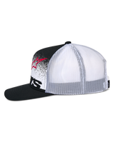Alpinestars Component Trucker Hat, Trucker Cap, Black and White, flat bill with white poly mesh back, red star logo and black wordmark on front, MX gradation dot pattern on the crown, casual motorsport-inspired streetwear