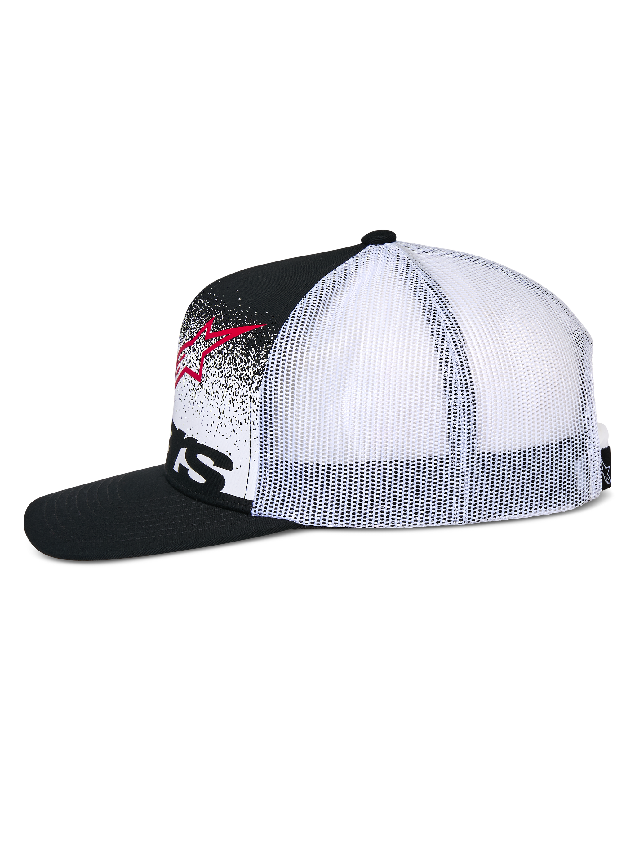 Alpinestars Component Trucker Hat, Trucker Cap, Black and White, flat bill with white poly mesh back, red star logo and black wordmark on front, MX gradation dot pattern on the crown, casual motorsport-inspired streetwear