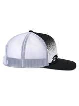 Alpinestars Component Trucker Hat, side profile view, Black and White, flat bill with structured crown, twill front featuring MX gradation print and Astars branding, white mesh back, casual snapback headwear