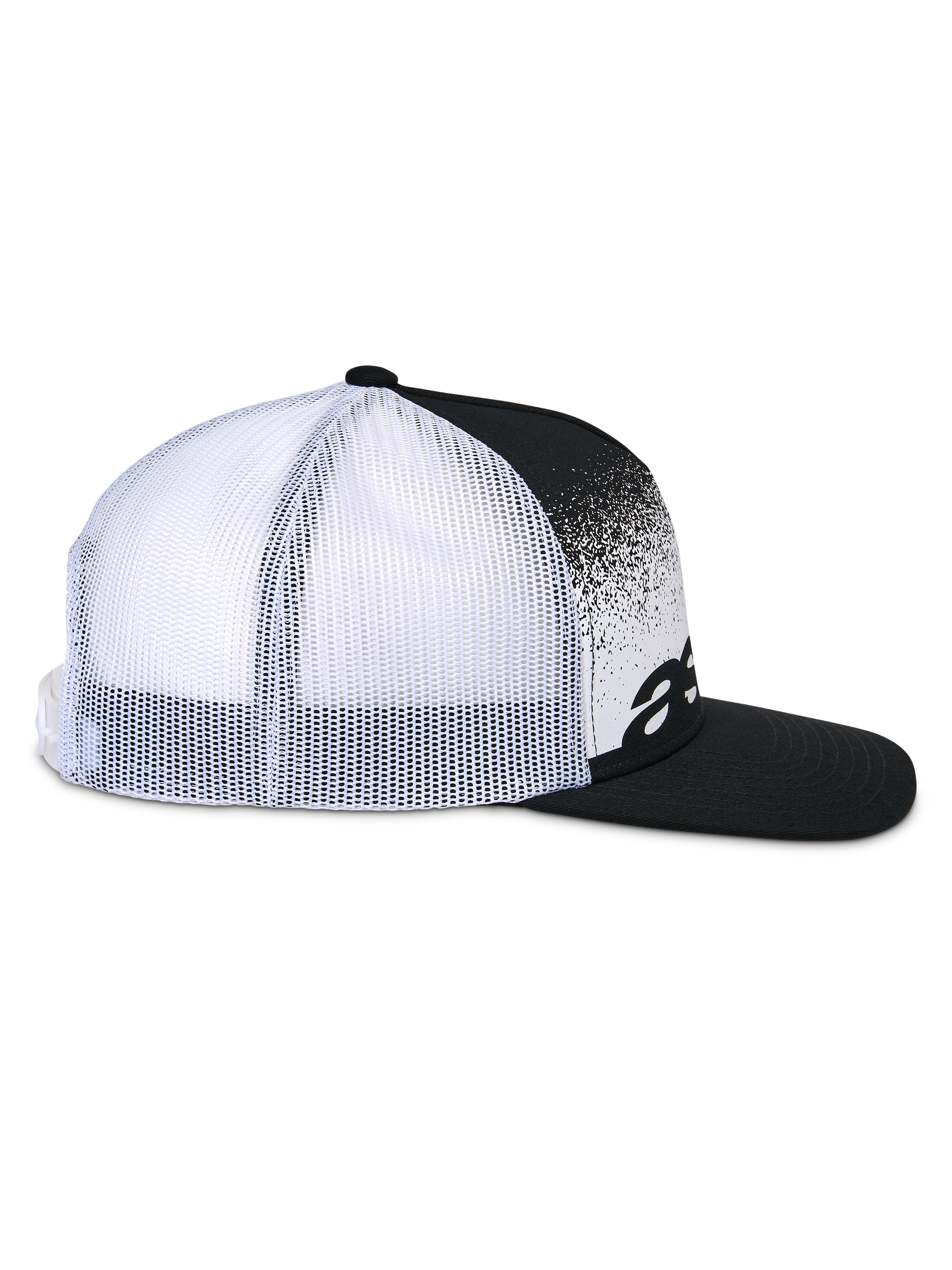 Alpinestars Component Trucker Hat, side profile view, Black and White, flat bill with structured crown, twill front featuring MX gradation print and Astars branding, white mesh back, casual snapback headwear