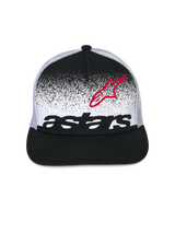 Alpinestars Component Trucker Hat, Black and White, flat bill with structured crown, featuring a white front panel with black 'astars' wordmark, a red star logo, and MX gradation effect, white poly mesh back, casual motorsport headwear