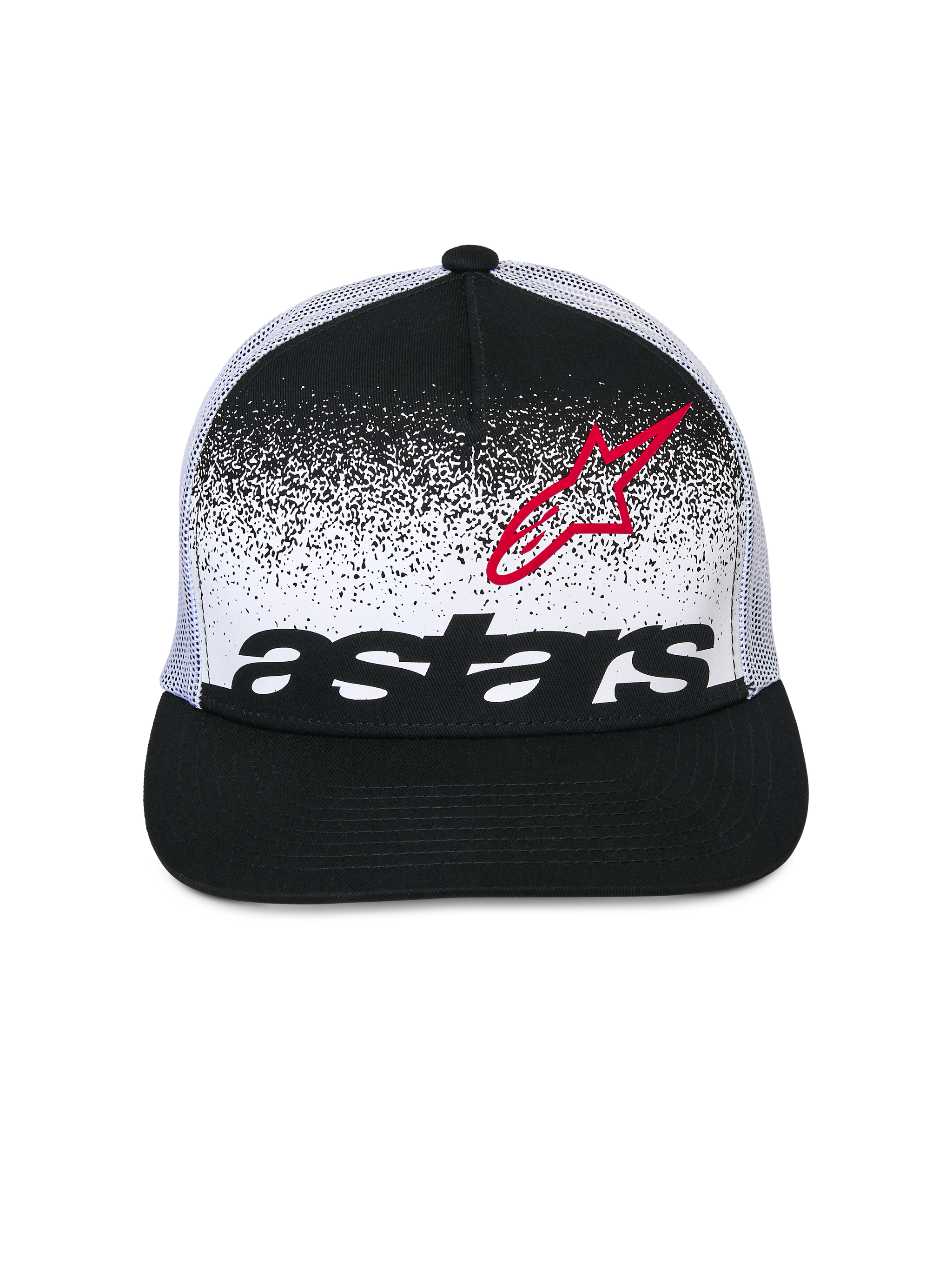 Alpinestars Component Trucker Hat, Black and White, flat bill with structured crown, featuring a white front panel with black 'astars' wordmark, a red star logo, and MX gradation effect, white poly mesh back, casual motorsport headwear