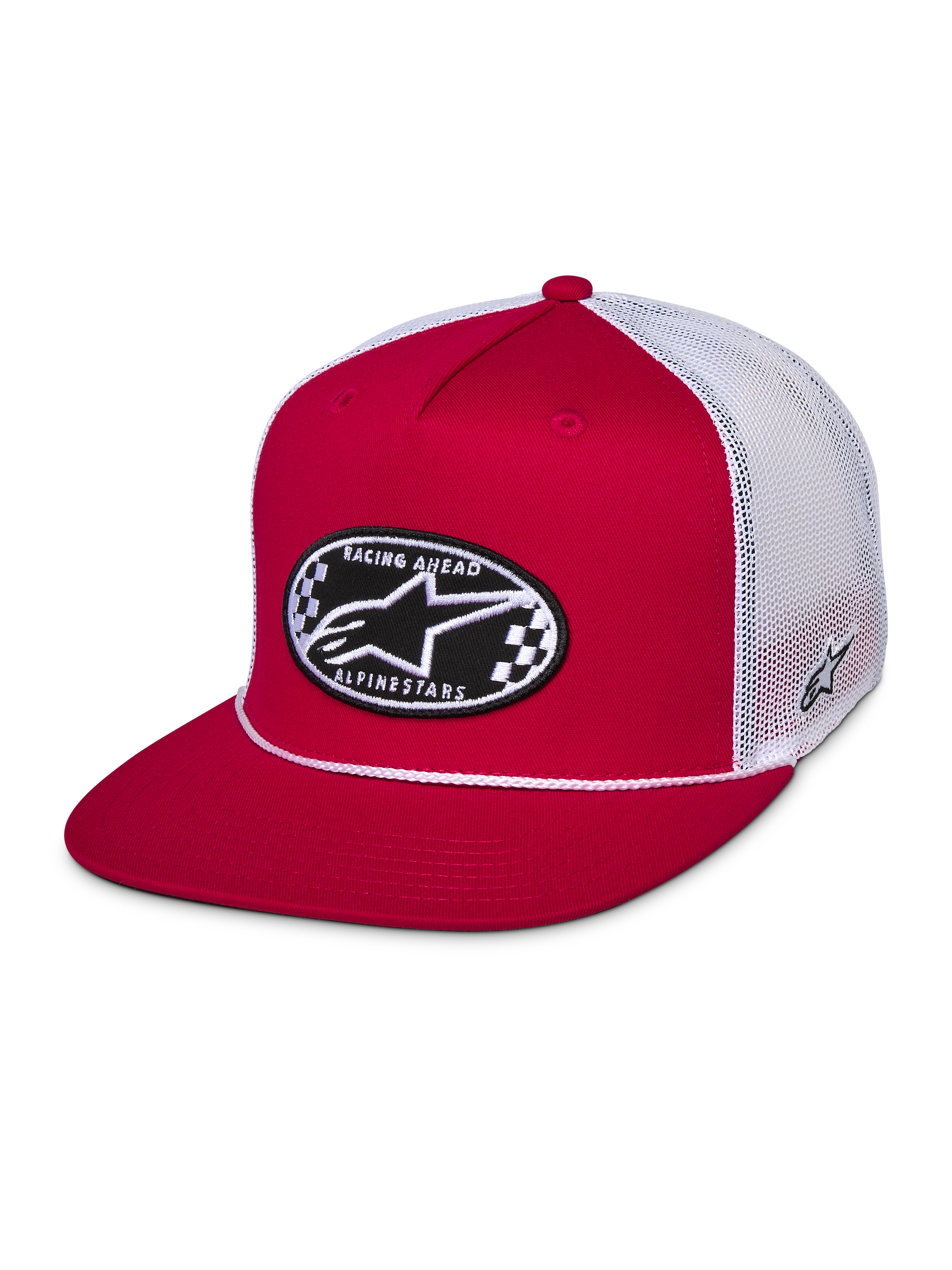 Alpinestars Contender Trucker Hat, Red and White, Flat bill snapback featuring a front oval checkered Astars embroidery patch, white poly mesh back, casual motorsport streetwear