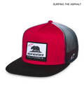 Alpinestars Cali Gradient Trucker Hat, flat bill snapback cap, red, black, and white, featuring a front Cali Bear woven logo patch and breathable mesh back
