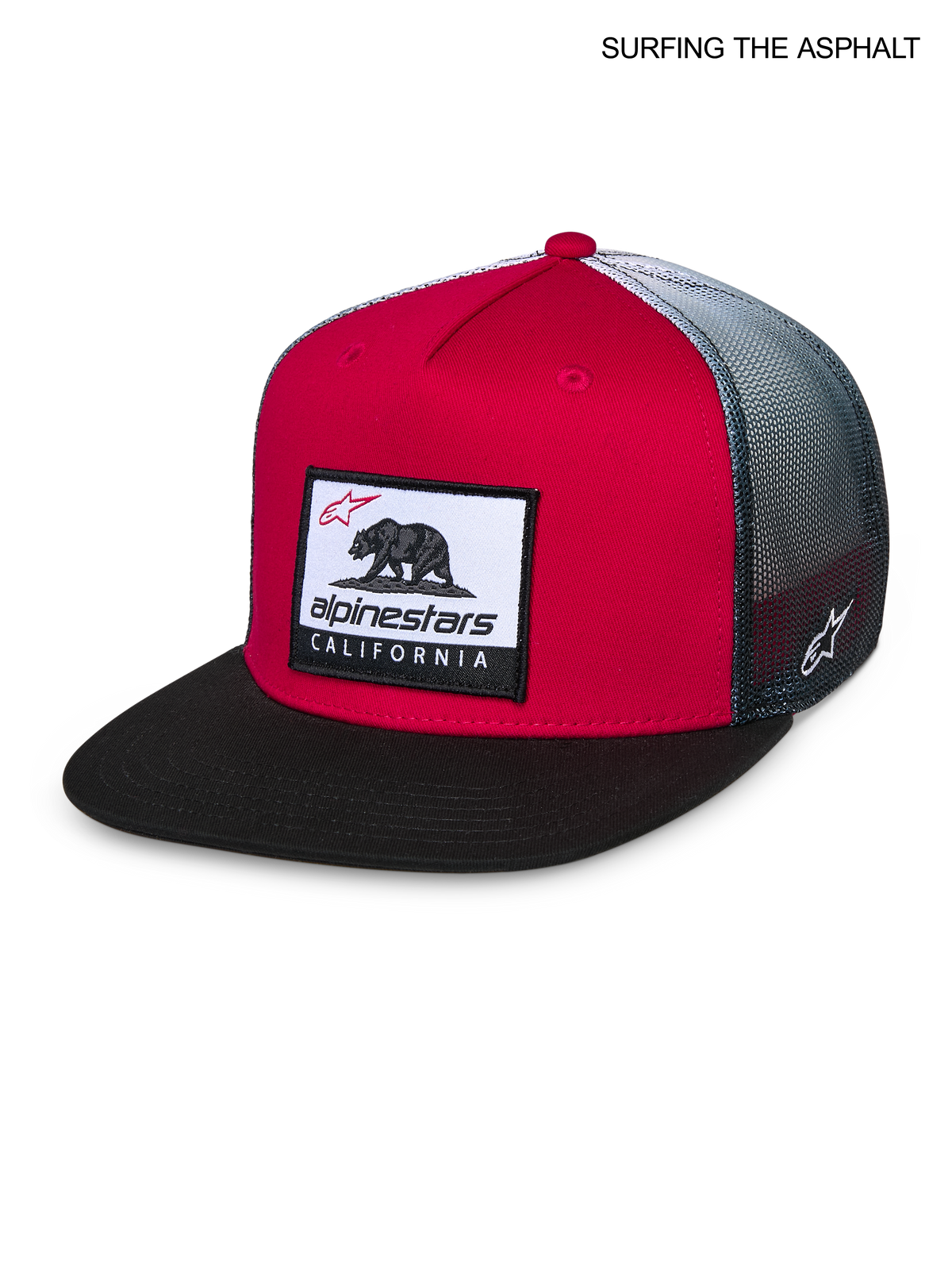 Alpinestars Cali Gradient Trucker Hat, flat bill snapback cap, red, black, and white, featuring a front Cali Bear woven logo patch and breathable mesh back
