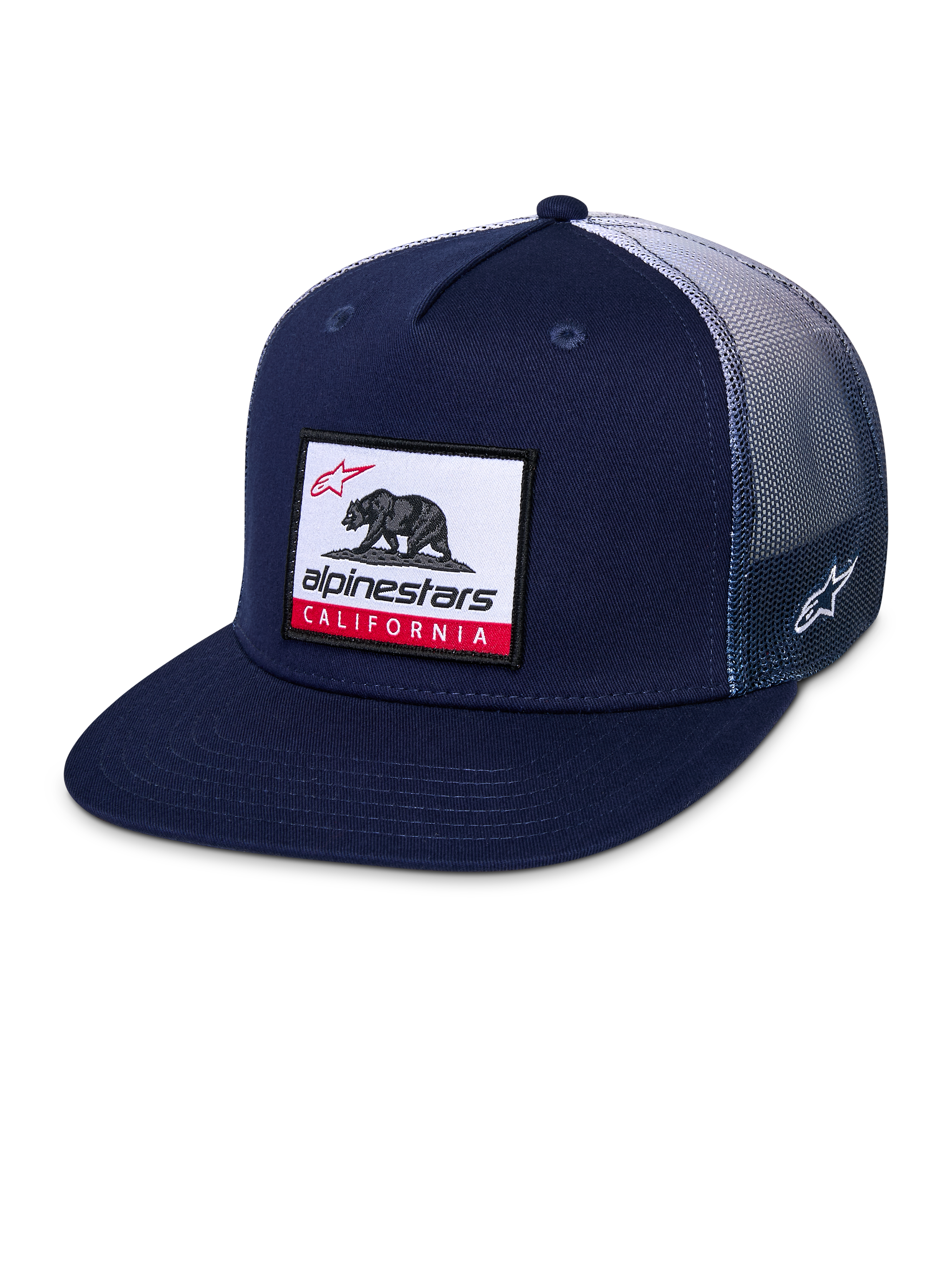 Alpinestars Cali Gradient Trucker Hat, Snapback Cap, Navy Blue and White, featuring a flat bill, California bear woven patch on front, gradient poly mesh back, and side Astars logo embroidery