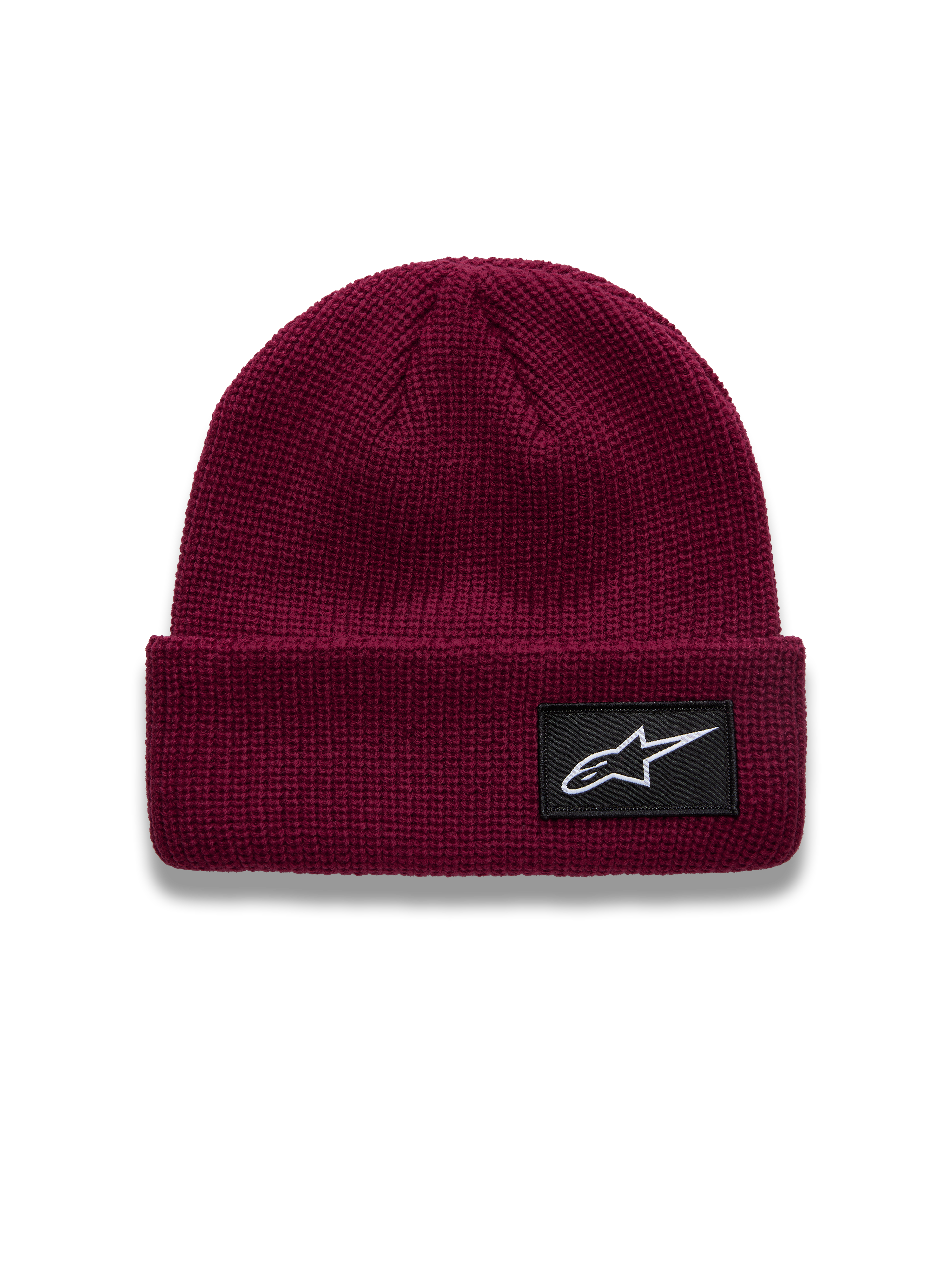 Alpinestars Unload Rib Cuff Beanie, berry red knit acrylic winter hat featuring a black logo patch on the folded cuff.