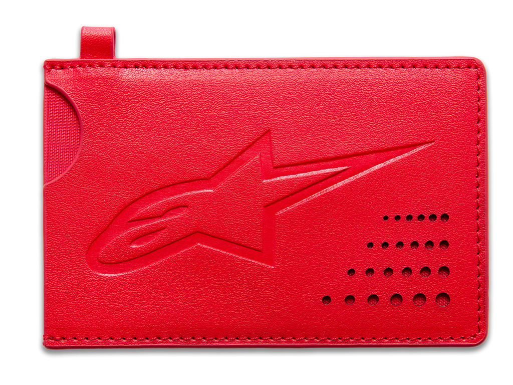 Alpinestars Ageless Credit Card Holder, a red leather minimalist wallet with debossed logo and curved card access notch.
