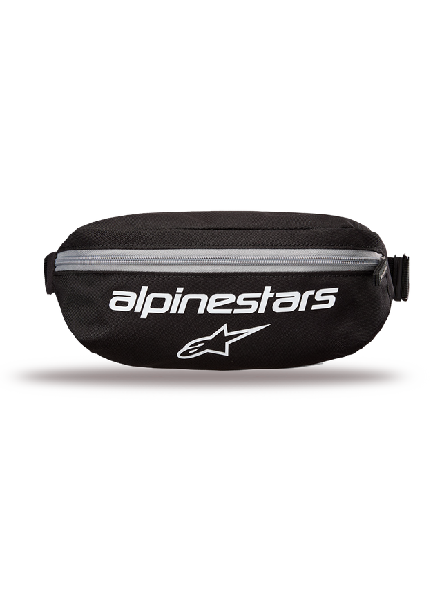 Alpinestars Only Linear Hip Bag, Hip Bag, Black with White logos and grey zipper, front view featuring Alpinestars wordmark and star logo, durable polyester construction, compact waist pack for everyday use