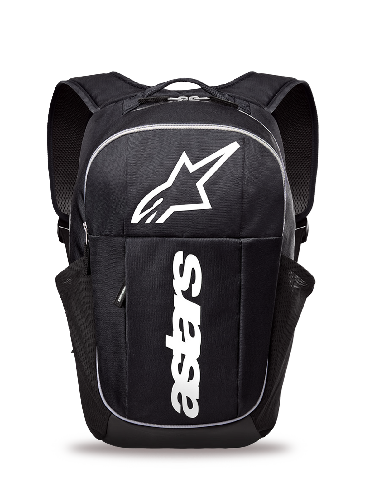 Alpinestars GFX Boss Backpack, mid-size daily backpack, Black and White, featuring a large white Astars logo and vertical branding, side mesh water bottle pockets, padded air mesh shoulder straps, durable construction for casual use