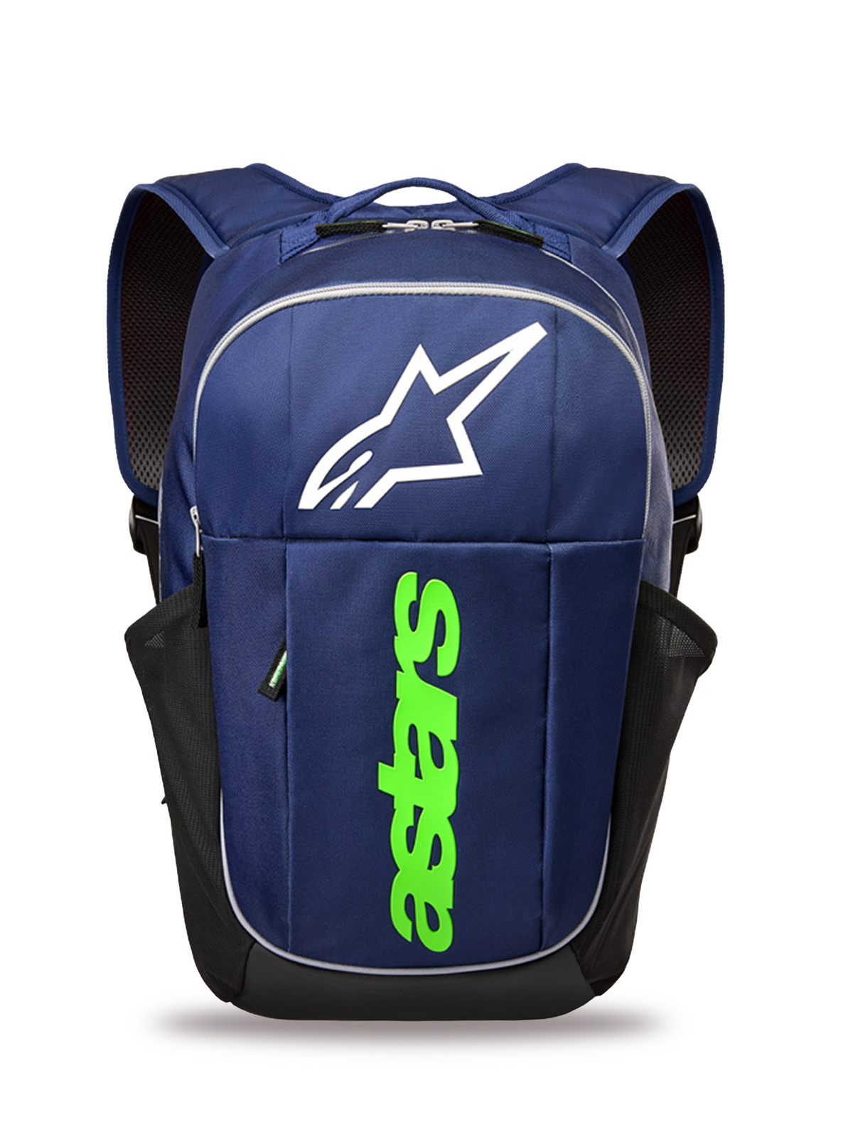 Alpinestars GFX Boss Backpack, Lifestyle Backpack, Navy Blue and Lime Green, featuring a large white Astars logo and vertical lime green branding, side mesh water bottle pockets, durable polyester construction for everyday use.