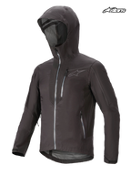 Alpinestars Tahoe 8.0 Waterproof Jacket, mountain biking waterproof jacket in black gun metal, front view showing storm hood, fully-welded YKK zippers, and lightweight breathable construction