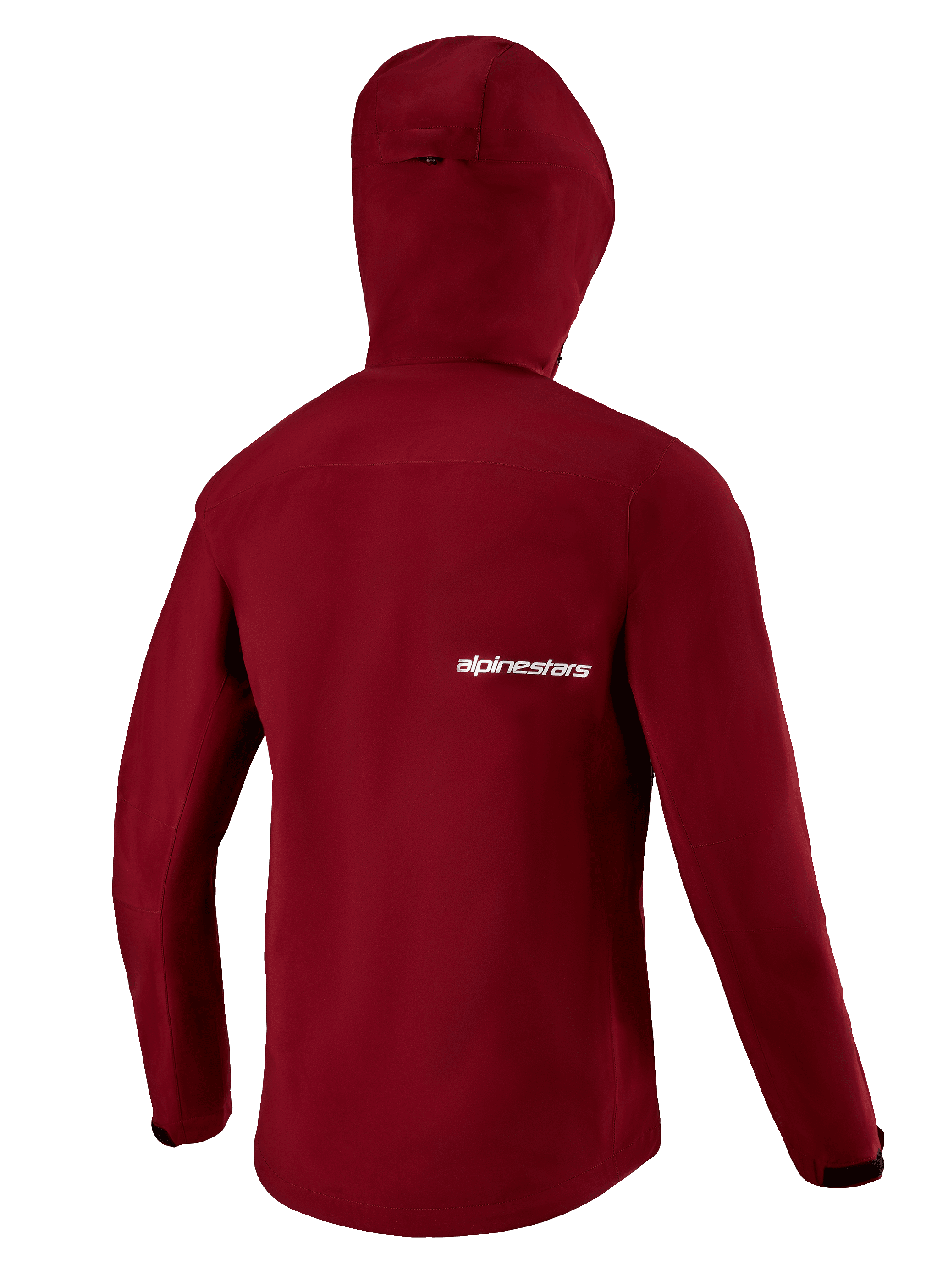 Alpinestars Sierra Waterproof Jacket, Men's MTB, Barolo Red, featuring helmet-compatible storm hood and extended rear hem.