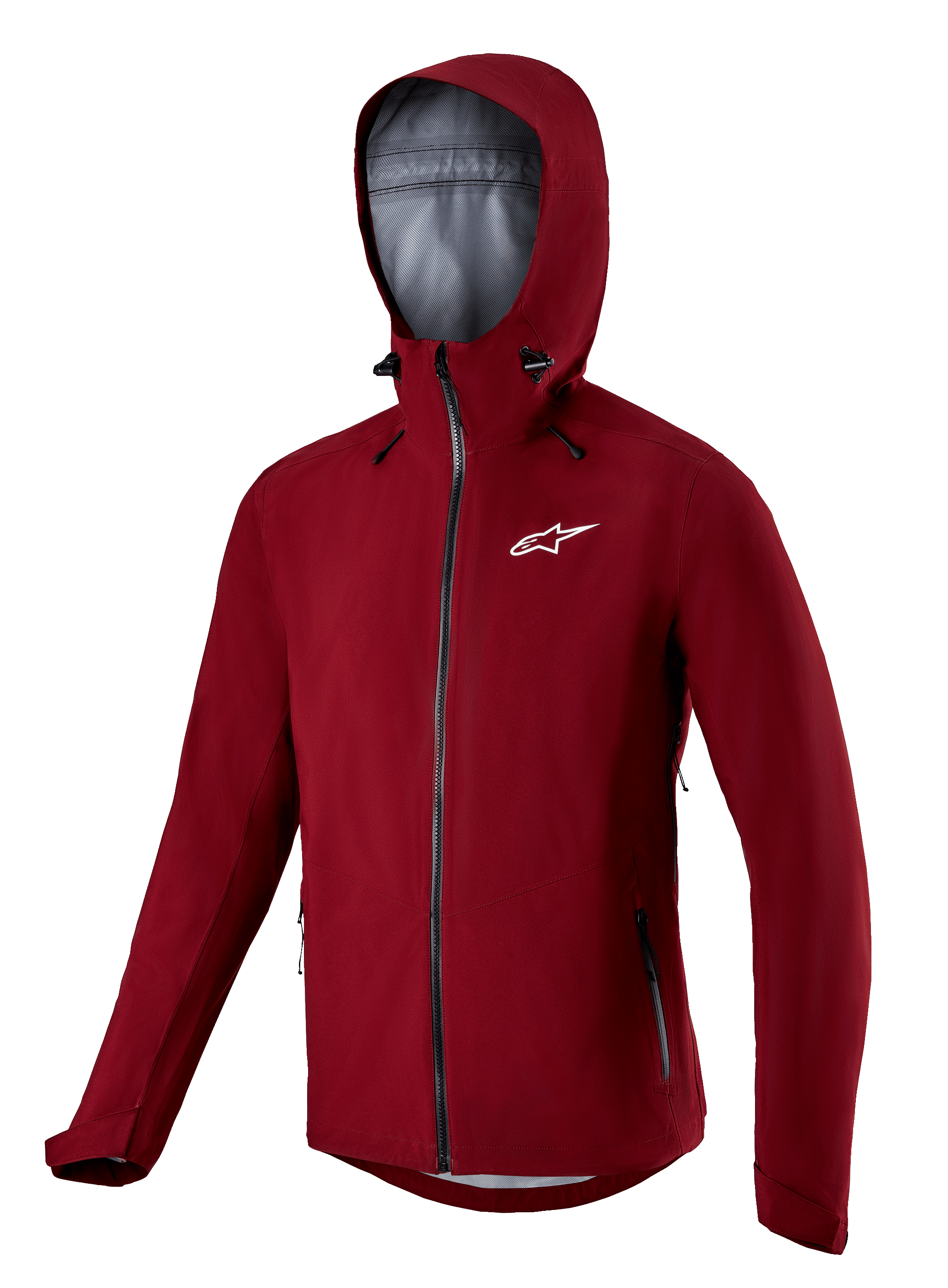 Alpinestars Sierra Waterproof Jacket, Men's MTB gear in Barolo Red, featuring a storm hood and zippered pockets.