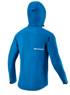 Alpinestars Sierra Waterproof Jacket, Men's MTB cycling jacket, Blue Aquamarine, rear view with storm hood and extended hem.