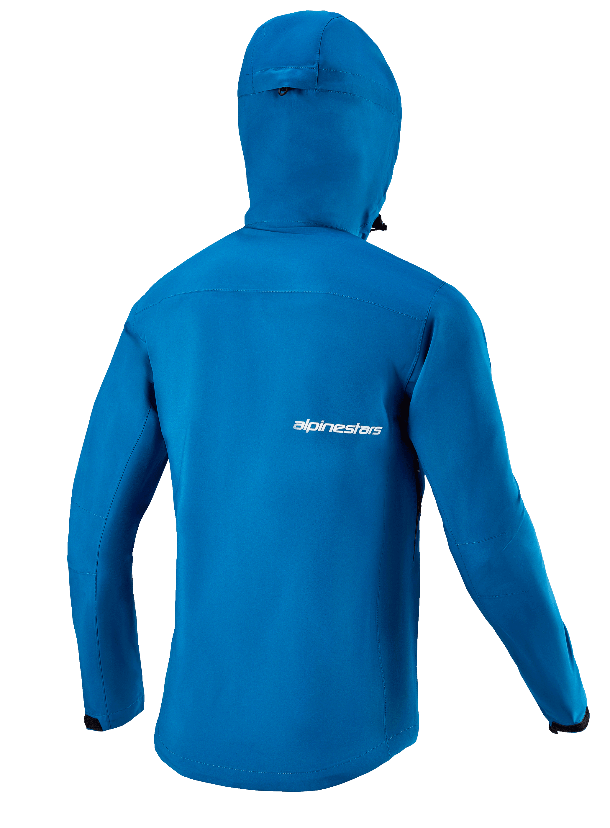 Alpinestars Sierra Waterproof Jacket, Men's MTB cycling jacket, Blue Aquamarine, rear view with storm hood and extended hem.