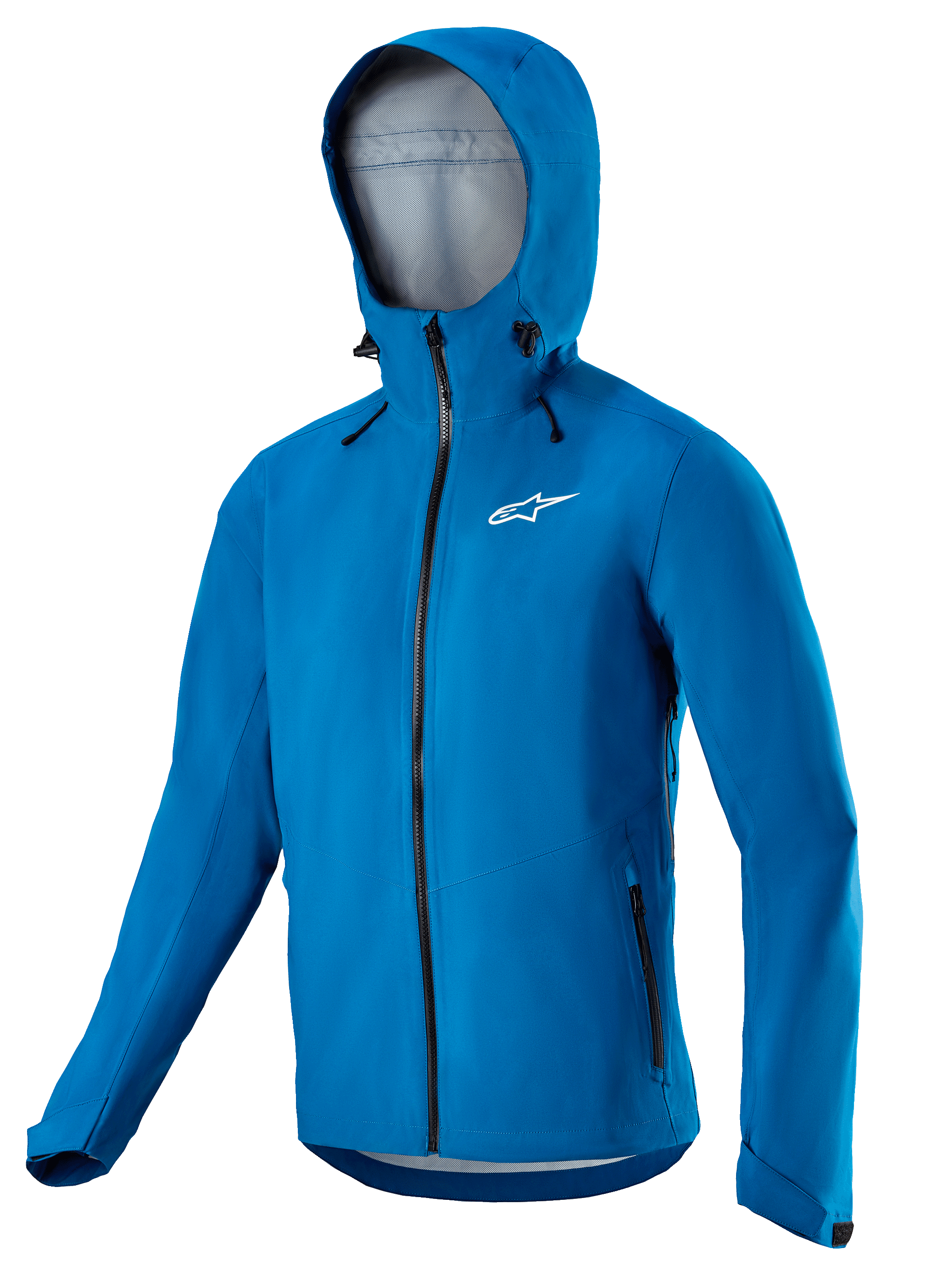 Alpinestars Sierra Waterproof Jacket, Men's Blue MTB cycling jacket with helmet-compatible storm hood and waterproof zippers.