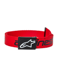 Alpinestars Linear Web Belt, casual web belt, red and black, with a removable metal clamp buckle featuring a debossed enamel logo and linear logo printed strap