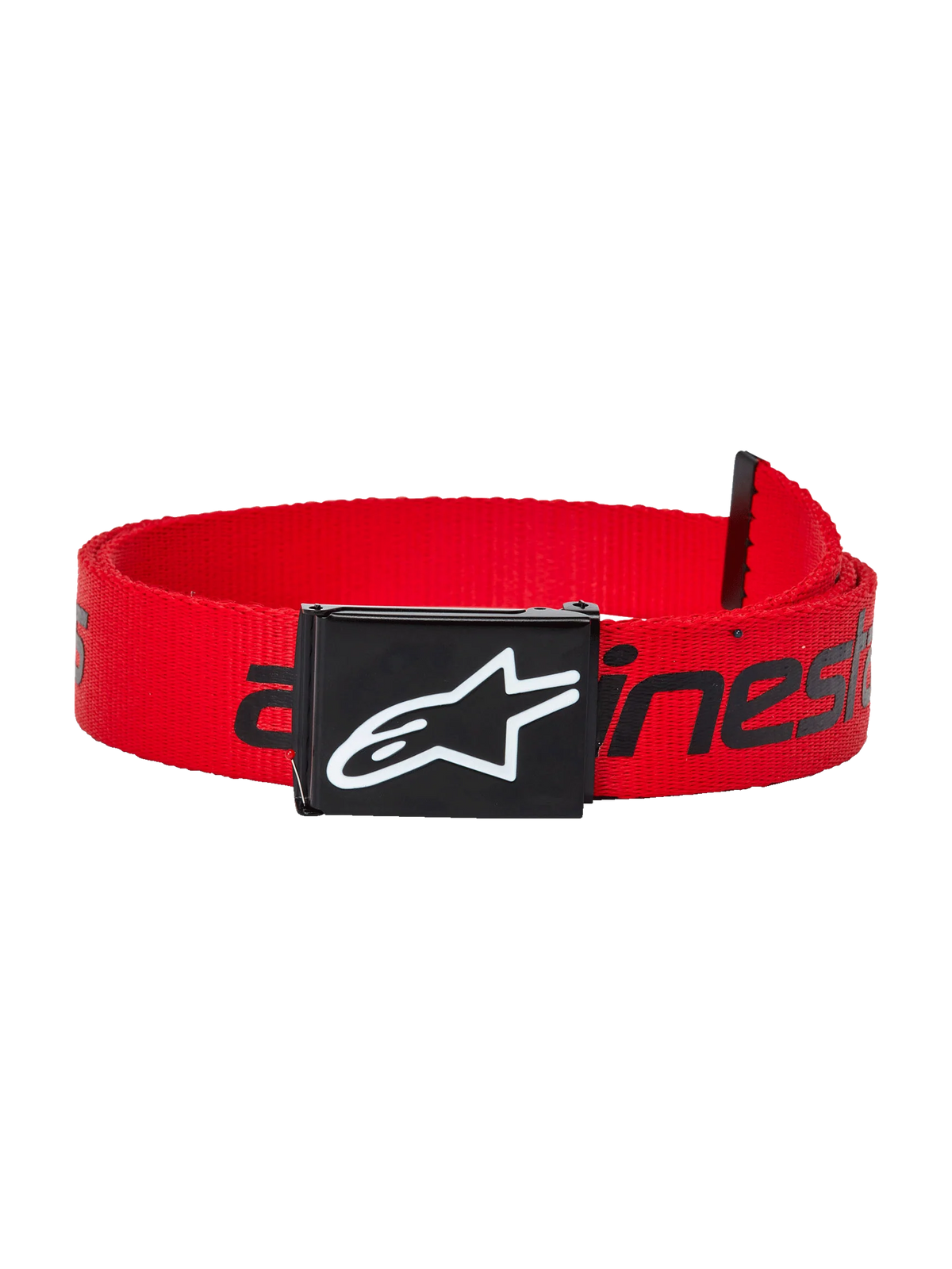 Alpinestars Linear Web Belt, casual web belt, red and black, with a removable metal clamp buckle featuring a debossed enamel logo and linear logo printed strap