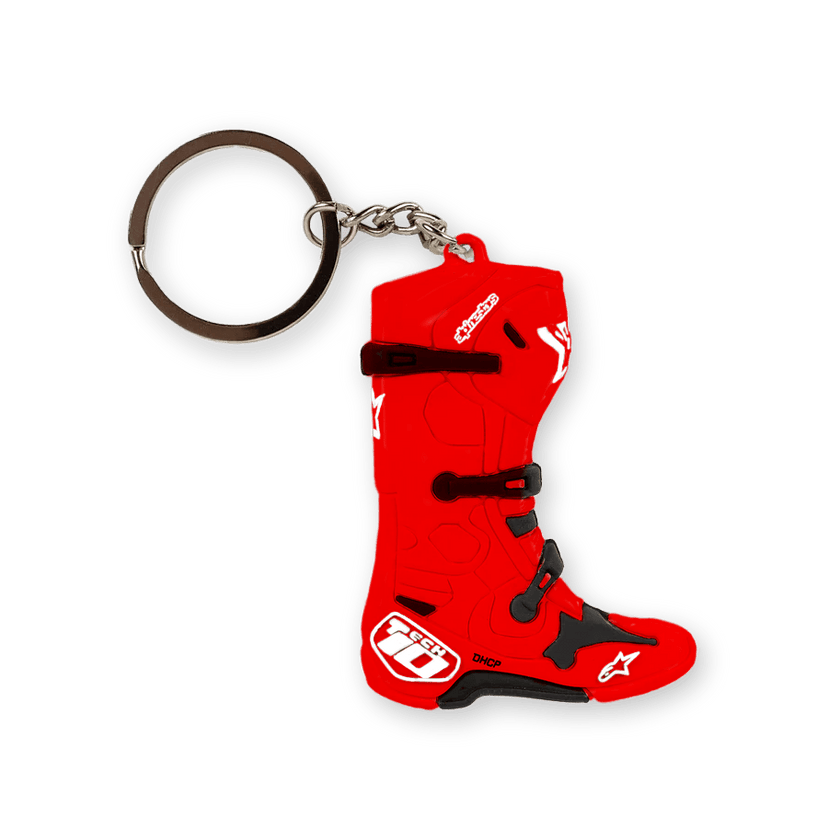 Alpinestars Tech 10 Boot Keyfob, 3D Miniature Motocross Boot Keychain, Red with black and white accents, silver metal ring, detailed racing boot design, motorsport sportswear accessory