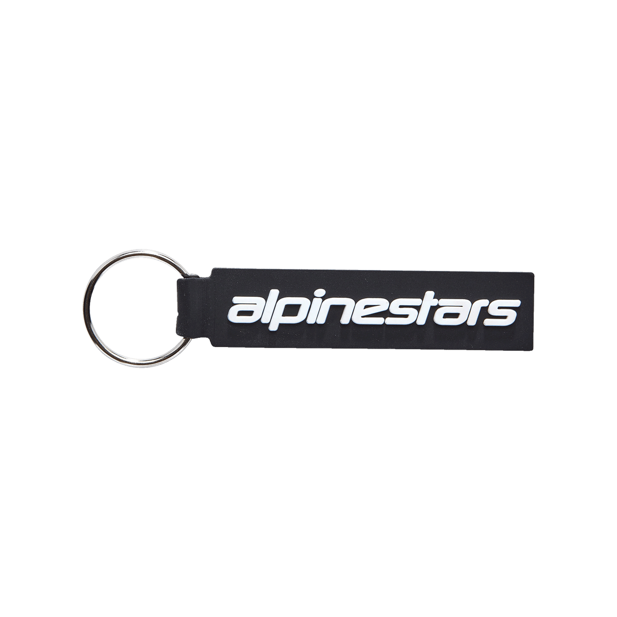 Alpinestars Linear Key Fob, Black rectangular keychain with white Alpinestars logo, silver metal ring, premium 3D molded PVC construction, motorsport-inspired accessory
