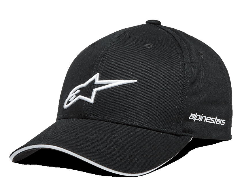 Alpinestars Rostrum Hat, Black Baseball Cap with White 3D Embroidered Star Logo, Curved Bill with White Sandwich Detail, Side Alpinestars Wordmark, Motorsport Lifestyle Headwear