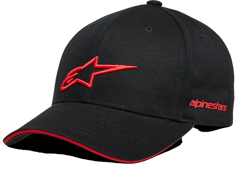 Alpinestars Rostrum Hat, Black Baseball Cap with Red 3D Star Logo, Curved Brim with Red Sandwich Bill Detail, Embroidered Alpinestars Side Branding, Casual Motorsport Headwear
