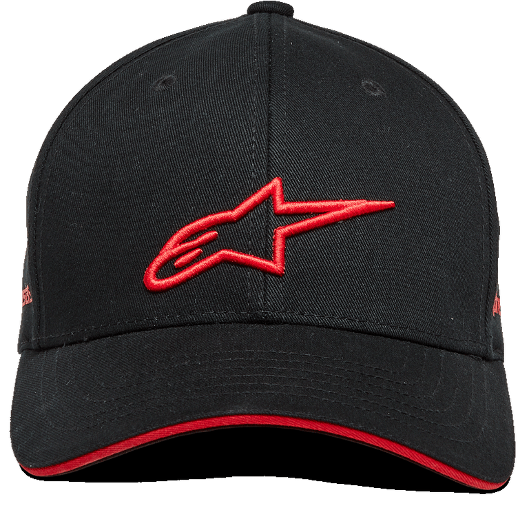 Alpinestars Rostrum Hat, Curved Bill Snapback Cap, Black and Red, 3D embroidered red A-star logo on the front, red sandwich bill edge, structured crown, twill fabric, casual motorsport headwear