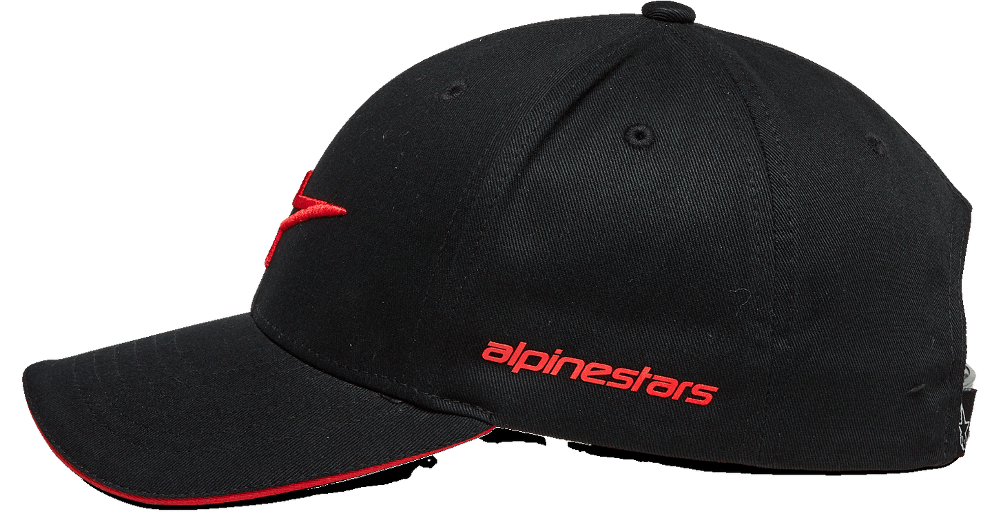 Alpinestars Rostrum Hat, Baseball Cap, Black and Red, side profile view, curved bill with red sandwich edge, 3D embroidered logo on front, red alpinestars wordmark on side, casual motorsport streetwear