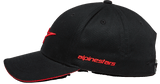 Alpinestars Rostrum Hat, Baseball Cap, Black and Red, side profile view, curved bill with red sandwich edge, 3D embroidered logo on front, red alpinestars wordmark on side, casual motorsport streetwear