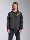 Alpinestars Speeder Chromium Windbreak Jacket, Black hooded jacket with a white star logo on the chest, featuring a front zipper, drawstring hood, and elastic cuffs, motorsport-inspired casual streetwear