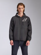 Alpinestars Speeder Chromium Windbreak Jacket, Black hooded jacket with a white star logo on the chest, featuring a front zipper, drawstring hood, and elastic cuffs, motorsport-inspired casual streetwear