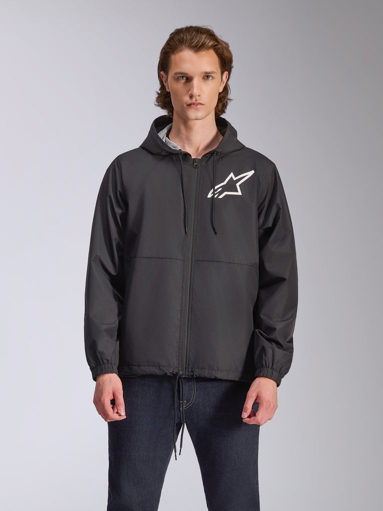 Alpinestars Speeder Chromium Windbreak Jacket, Black hooded jacket with a white star logo on the chest, featuring a front zipper, drawstring hood, and elastic cuffs, motorsport-inspired casual streetwear