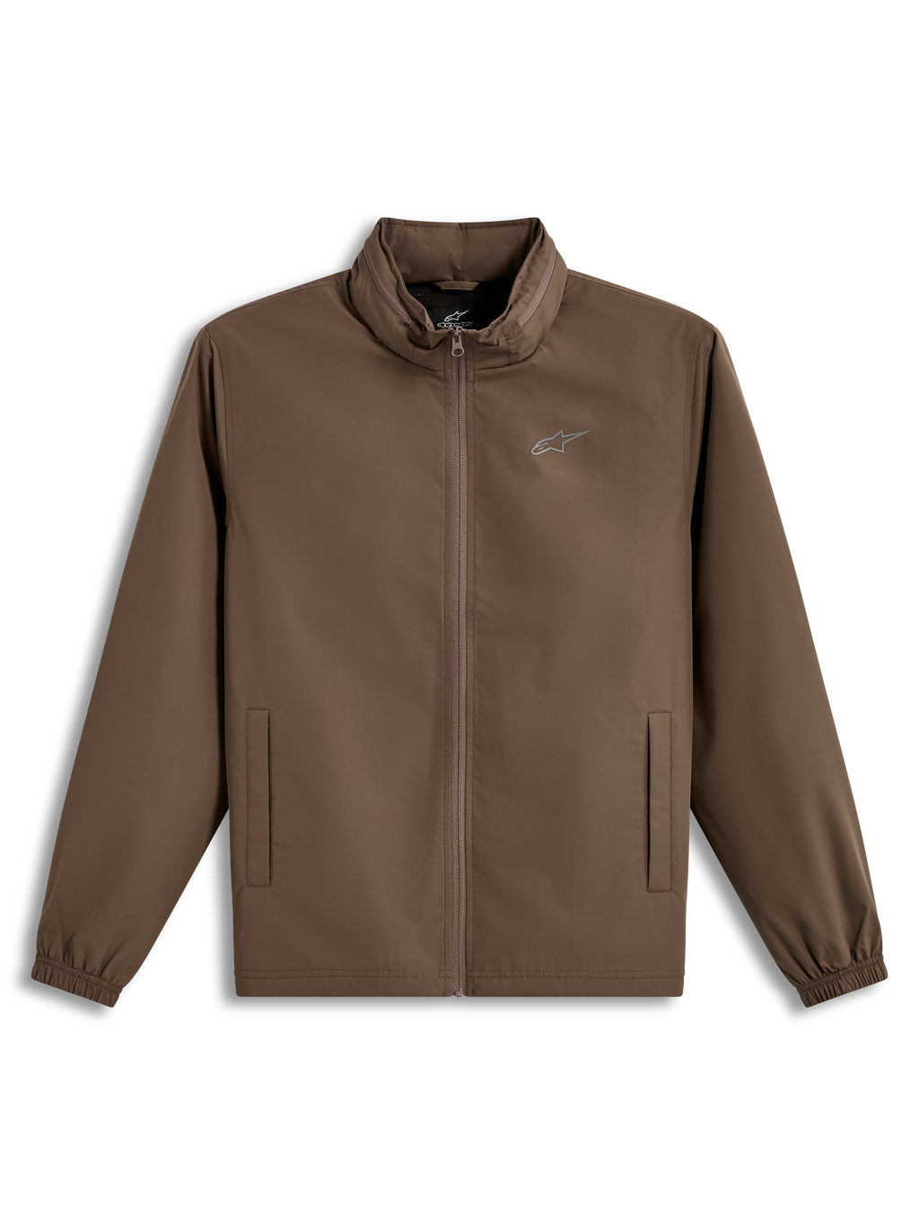 Alpinestars Overhaul Racer Jacket, lightweight Sand brown sportswear jacket with a hidden packable hood and chest logo.