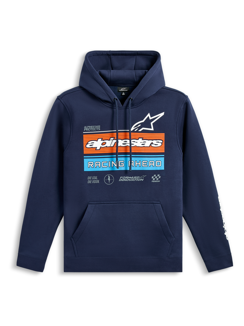 Alpinestars Harken Hoodie, Navy Blue pullover fleece, front chest graphic with orange and light blue stripes, white Alpinestars logo and 'Racing Ahead' text, kangaroo pocket, long sleeves with wordmark logos, casual motorsport-inspired design